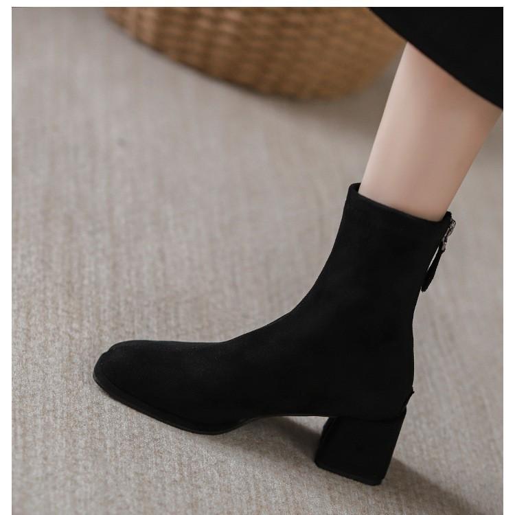Versatile temperament French suede high-heeled short boots women's new thick-heeled square-head elastic thin boots in autumn and winter 2025