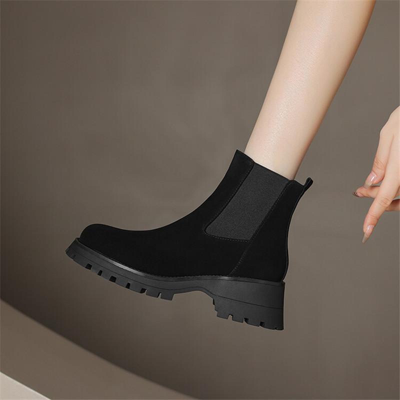 Fashion Women Cow Suede Platform Boots Round Toe Chunky Heel Boots for Women Winter Fashion Short Boots Slip-on Concise Women Boots