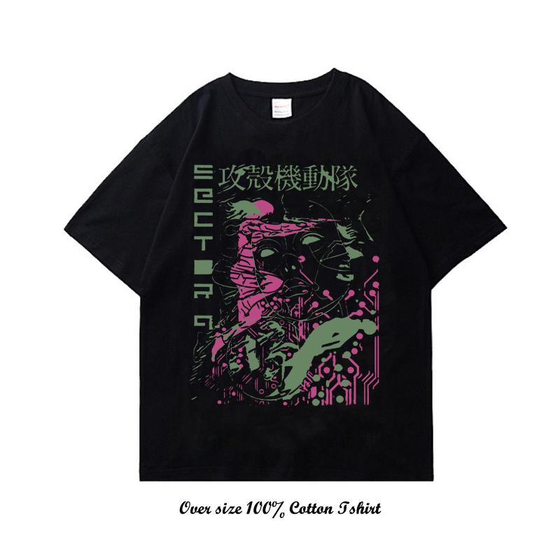 90s Anime Ghost In The Shell Pánské tričko Potisk Vintage Streetwear Hip Hop Oblečení Krátký rukáv Nadměrné Ležérní Bavlněné tričko