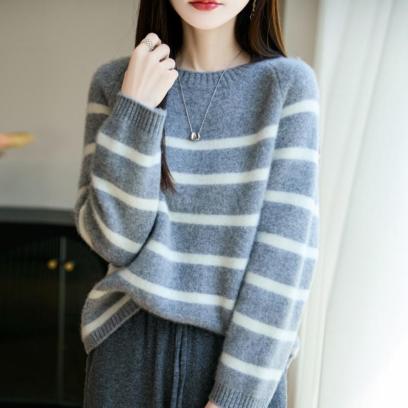 Women Sweater 100% Wool MODERN NEW SAGA O-neck Stripe Knit Pullover Thick Winter Jumpers Female Knit Tops