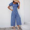 Women's Square Neck Puff Sleeve Wide Leg Printed Jumpsuit