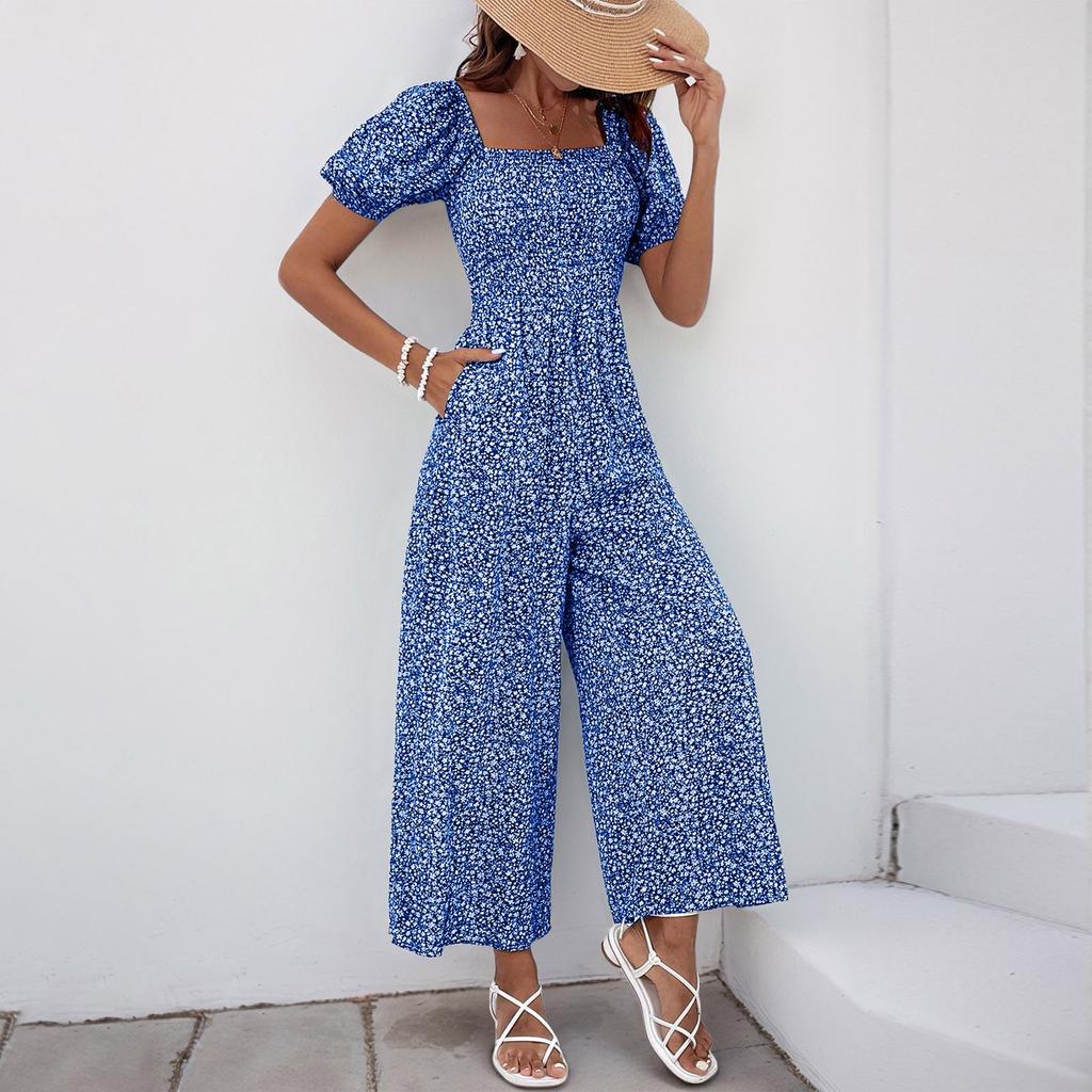 Women's Square Neck Puff Sleeve Wide Leg Printed Jumpsuit