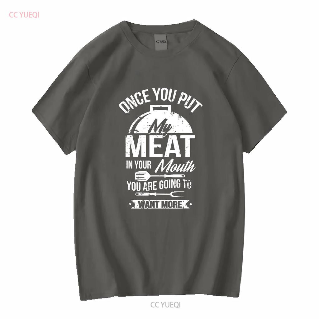 Coloque Minha Carne na Sua Boca Engraçado Grelhando Churrasco Churrasqueira Camiseta vintage Lavada Respirável Macio homem Esticada Casual Versátil