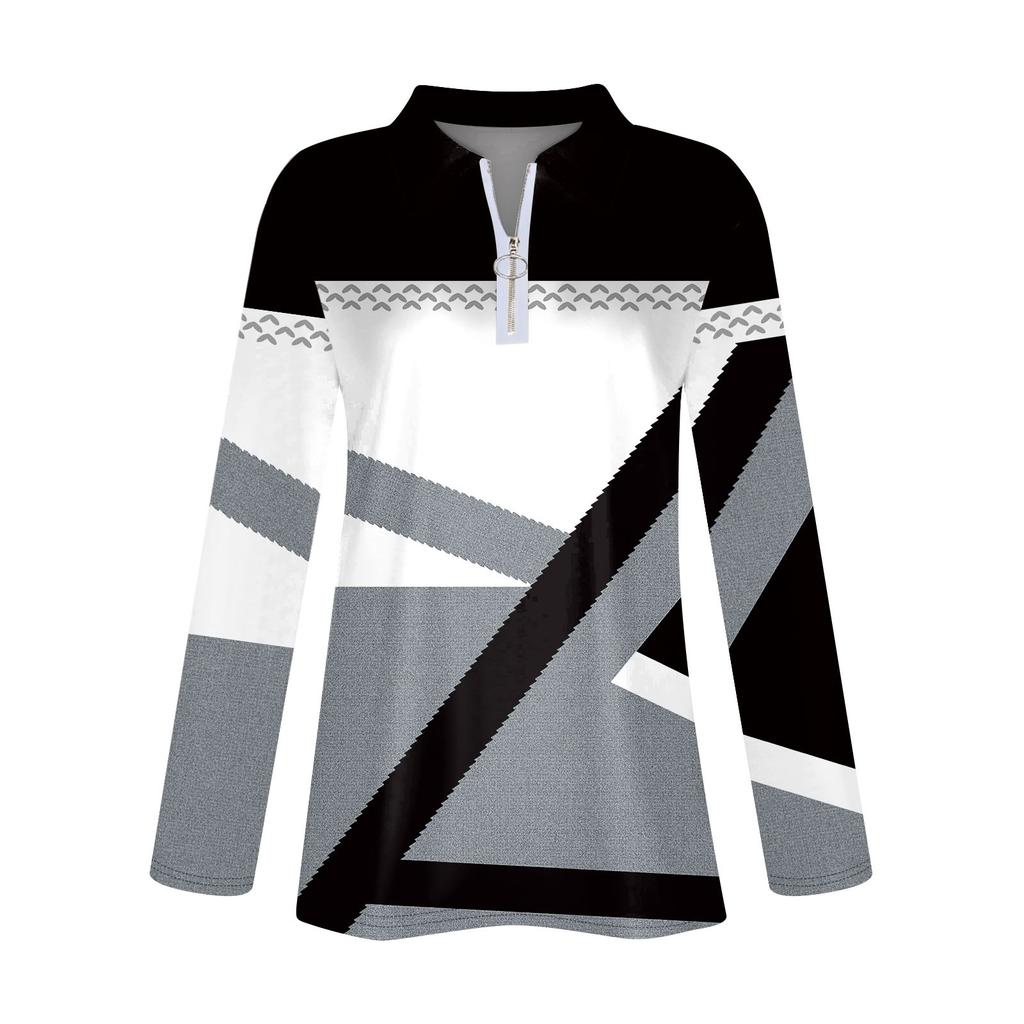 Damen Frühling und Herbst Mode Casual Printed Zipper V-Ausschnitt Langarm Shirt Tops