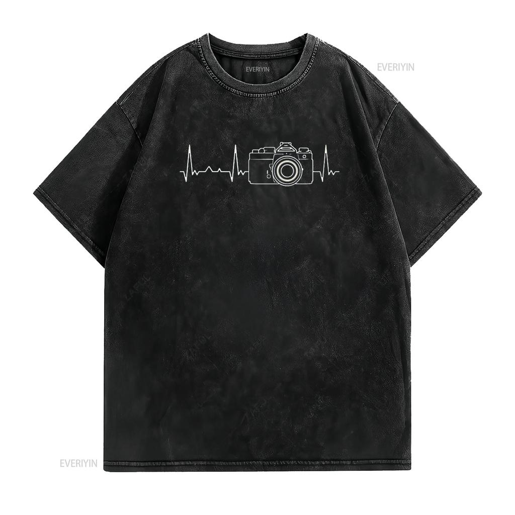 Funny heartbeat Camera Vintage  Womens T Shirt vintage Washed Versatile homme Comfortable Stretched Casual Slightly