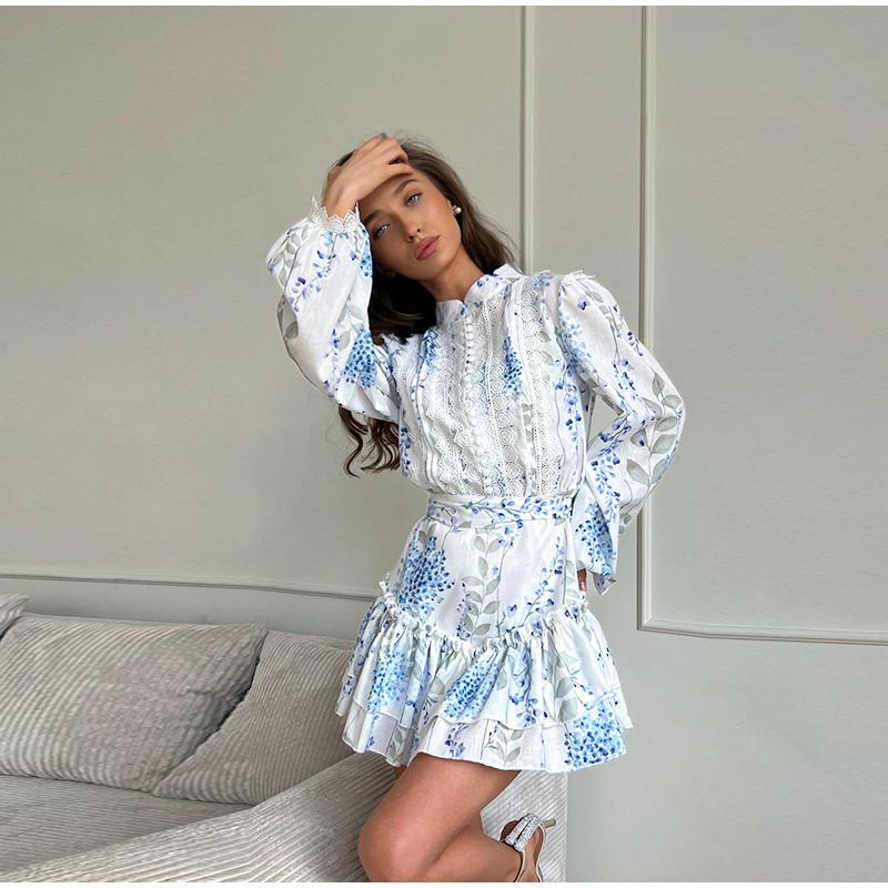 Ladies' Printed Stand Up Collar Bubble Sleeve Long Sleeved Ruffle Edge Short Skirt Casual Slim Fit Dress Blue Print Summer New Collection Waist Dress