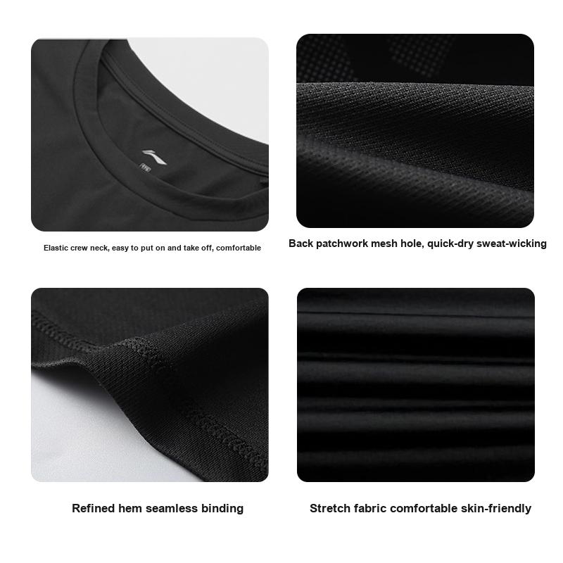 Li-Ning Pánské sportovní tričko s dlouhým rukávem, kulatým výstřihem a vysokou elasticitou, prodyšné, rychleschnoucí, základní vrstva, černé, AUDU097