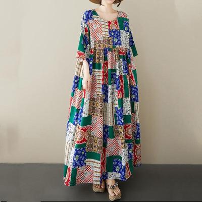 Short Sleeve Plus Size Cotton Vintage Floral New In Dresses for Women Casual Loose Long Summer Dress