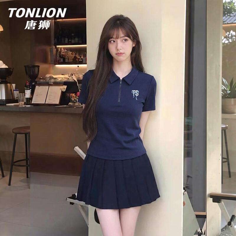 TonLion Women s Pleated Slim Fit Polo T-Shirt M