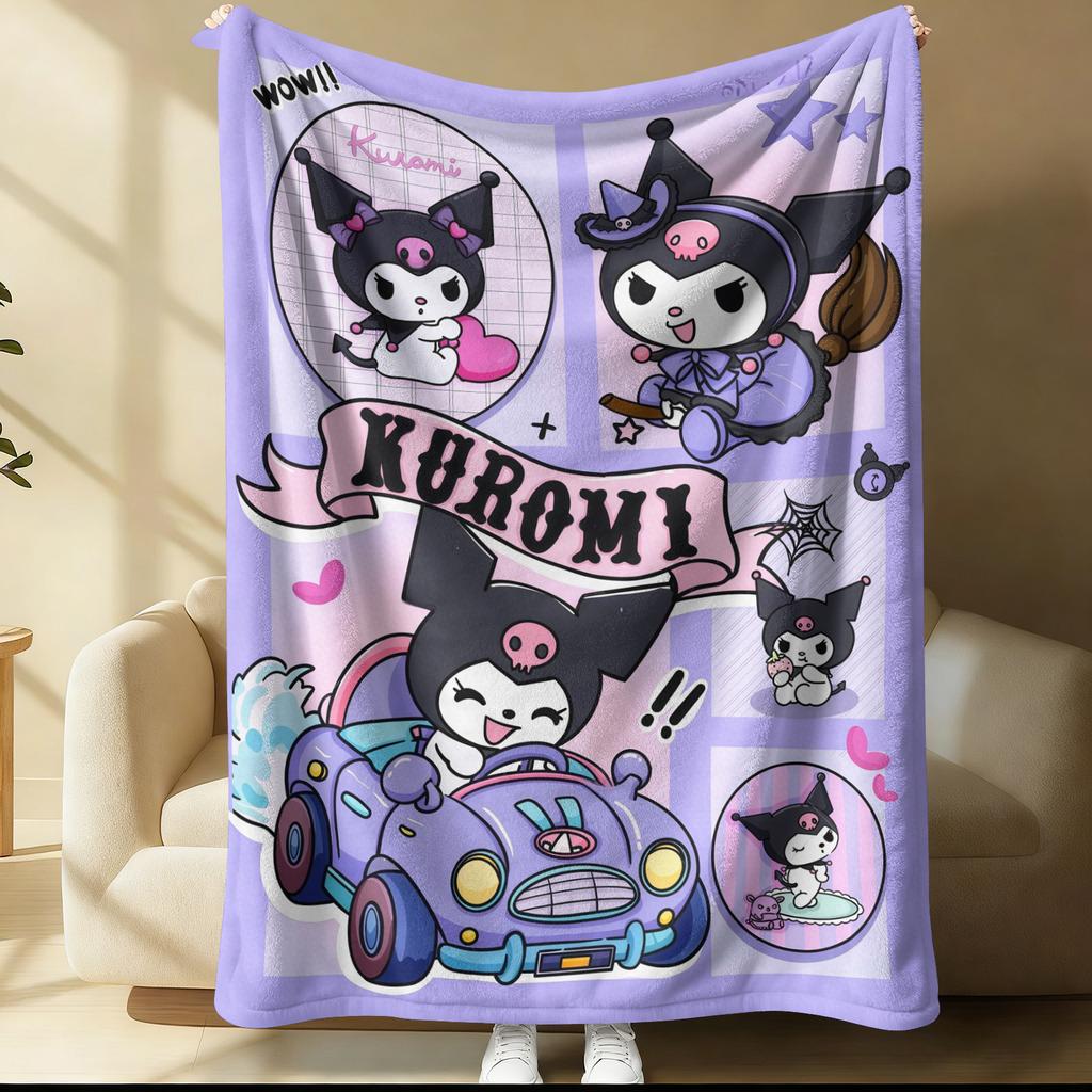 Kuromi Purple Cartoon Car Blanket Cute Comic Strip Pattern Flannel Plush Throw for Home Decor Portable Travel Camping Blanket