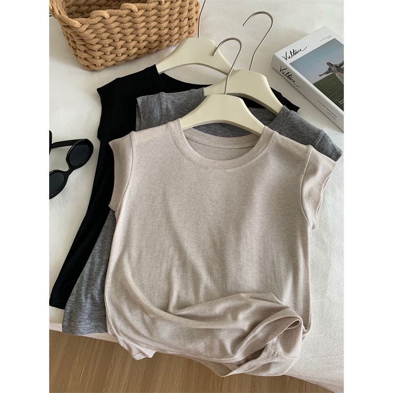 

2025 New Arrival Shoulder Pure Cotton Thread Flying Sleeve T-Shirt Female Summer Small Slim-Fit Crop-Top Inner Match Slimming Oatmeal color M