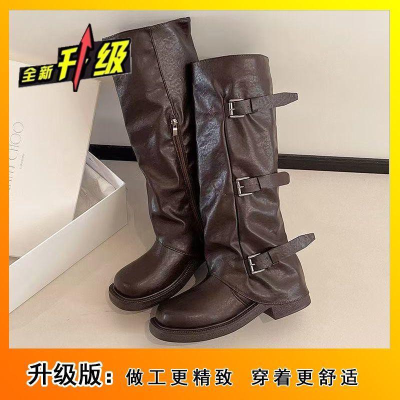 Super soft stack knight pleated boots retro medium tube belt buckle thick sole heightening trouser boots 2025 autumn and winter new