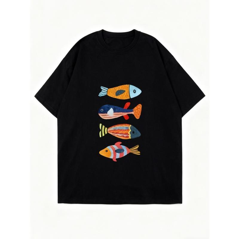Oversized T Shirt Black Colorful Fish Print Casual Summer Wear