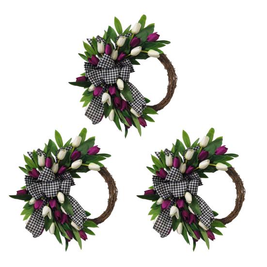 Tulip Wreath for Front Door Spring Artificial Tulip Rattan Wreath with Green Leaves And Plaid Bow for Farmhouse Wall Window Easter Home Decor