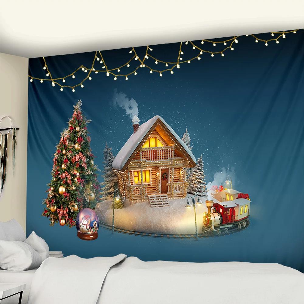 Crystal Christmas Tree Tapestry Xmas Art Wall Hanging Tapestry Christmas Lighthouse Snowflake Home Room Decoration Gift