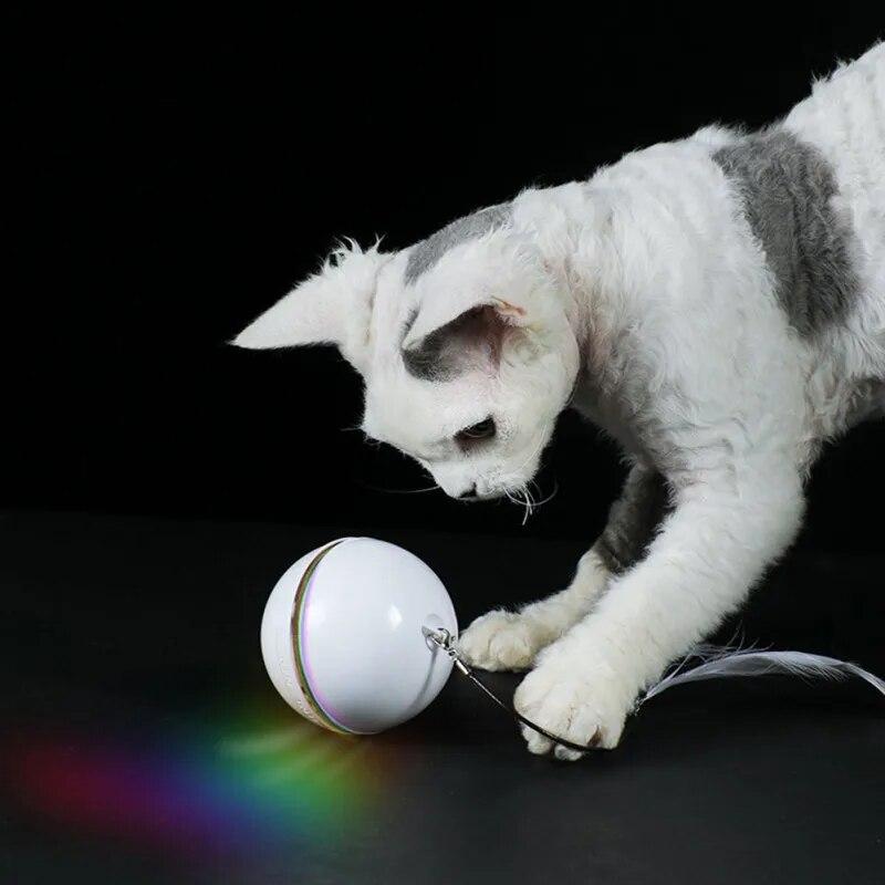 Electric Pet Ball Colorful LED Rolling Flash Ball  With Bell Feather USB Rechargeable Cat Ball Toy For Puppy Cats Dogs