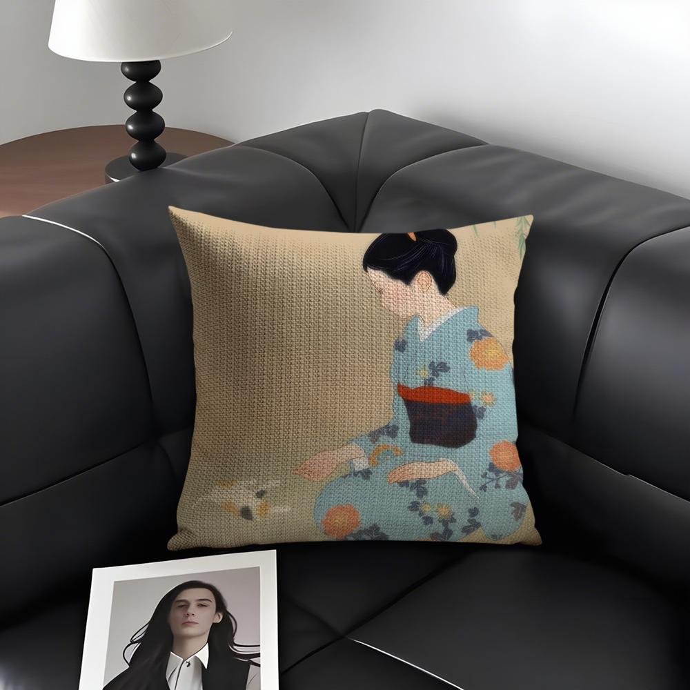 Kimono Girl Japanese Style Cushion Cover Natural Linen Organic Fabric DoubleSided Printing Sofa Home Decor Gift Pillow Case