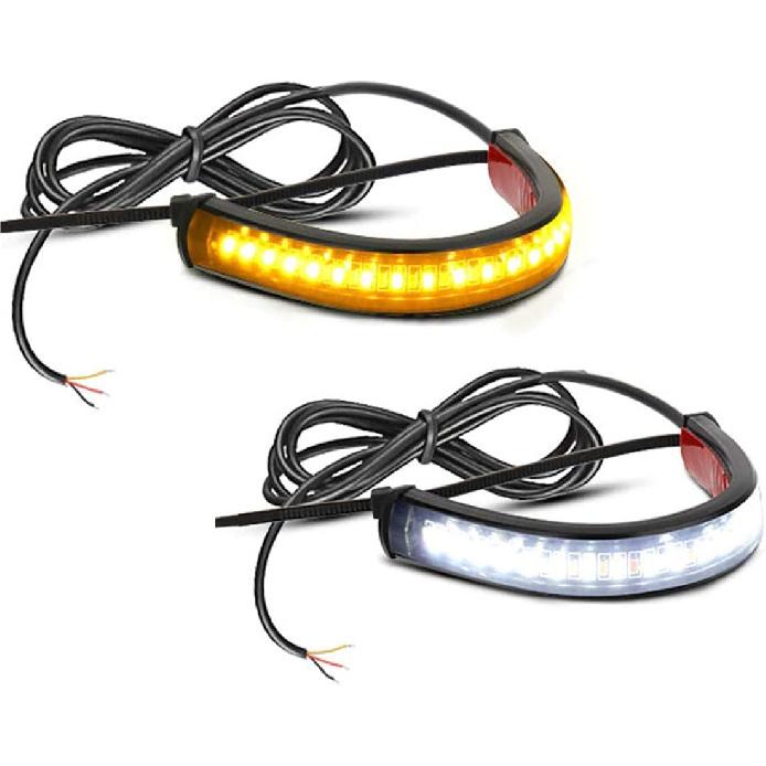 2PC Flexible Switchback Dual-Color White & Amber Motorcycle LED Fork Turn Signal Blinkers DRL Daytime Running Light Waterproof Adjustable Stips Bars
