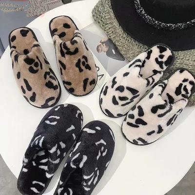 Women Slippers Indoor Leopard Home Slippers Warm Soft Plush Slippers Non-slip Cute Shoes