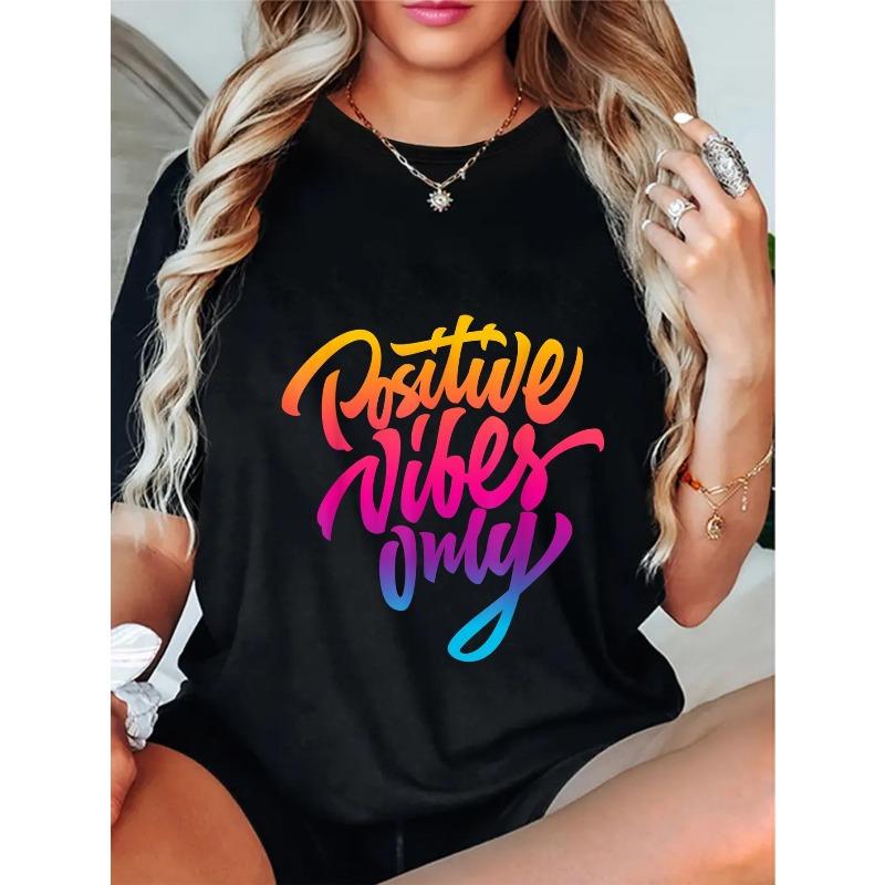 Women Plus Size Positive Vibes Only T-Shirt Black Pink Blue Lettering Inspirational Quote Round Neck Casual All-Season Gift Motivational Everyday Top