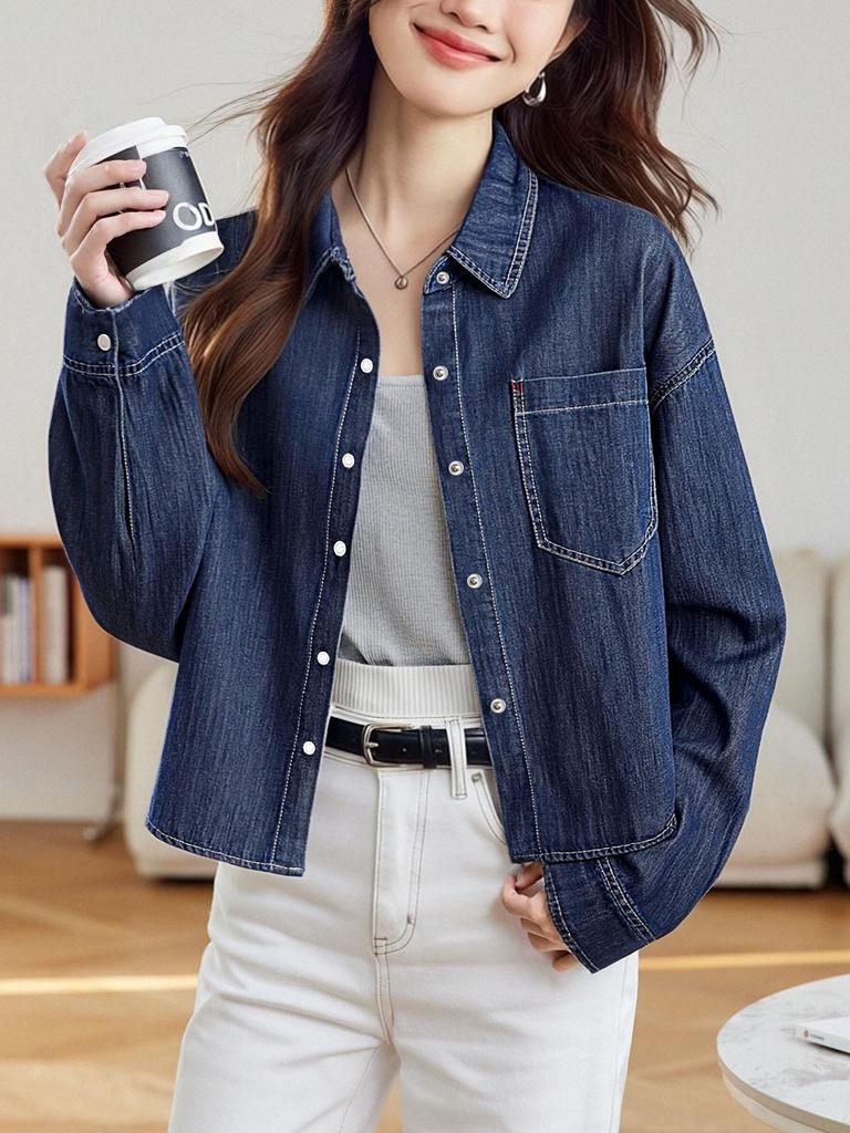 Women's Long Sleeve Denim Blue Shirt Jacket - Spring 2026 Retro British Style with Thickened Lapel