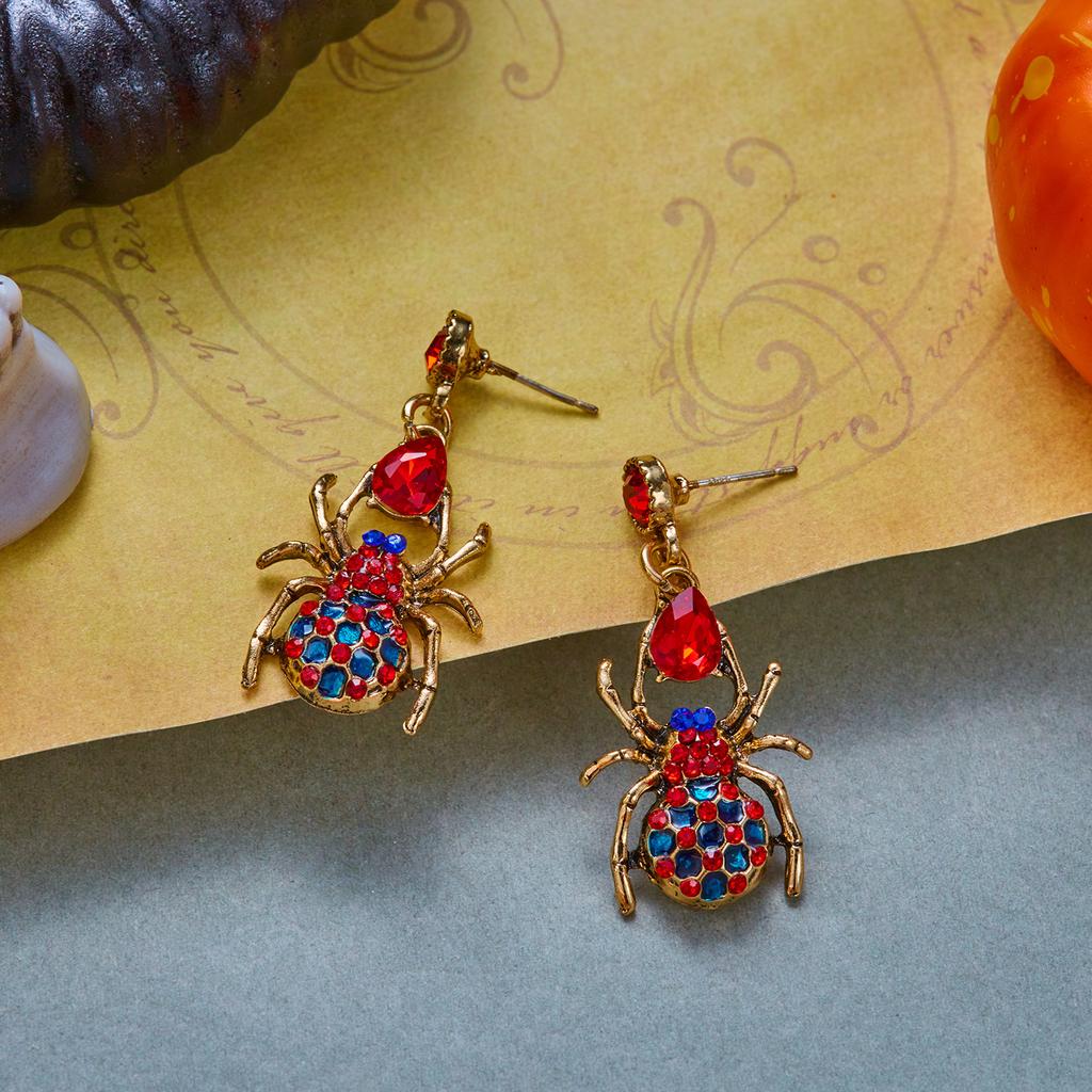 Vintage Gothic Spider Dangle Earrings For Women Red Blue Rhinestone Animal Spiders Drop Earring Halloween Party Costume Jewelry