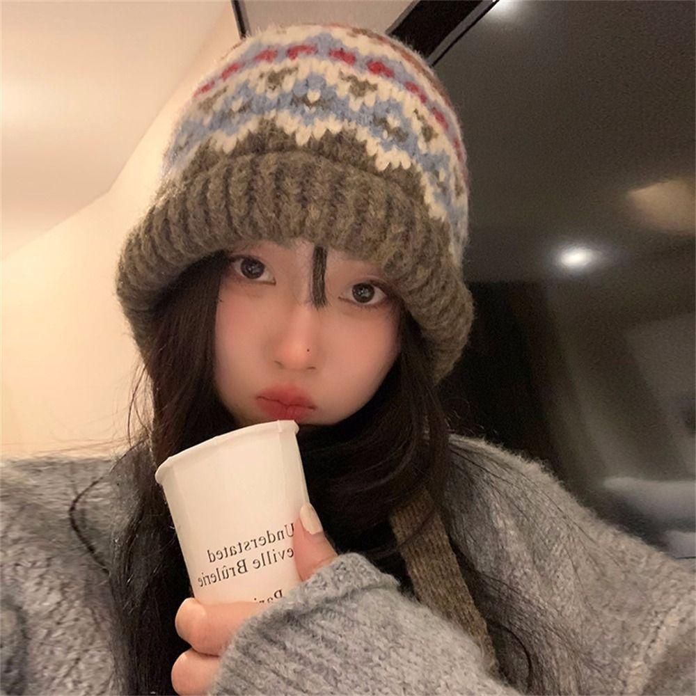 Stripe Knitted Hat Windproof Coldproof Beanies Cute Bonnet Caps  for Autumn Winter