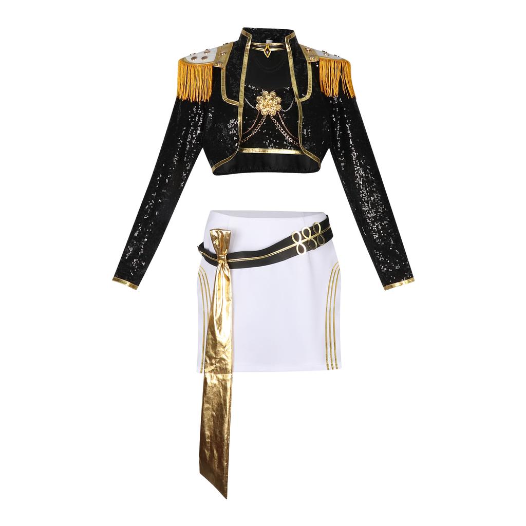 Čierne a zlaté cosplay kostýmy pre dievčenské skupiny, Anime a herné cosplay, Halloweenske javiskové kostýmy