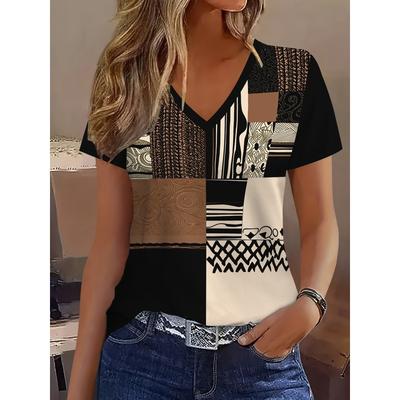 Color Blocking V-neck Short Sleeved T-shirt, Casual and Fashionable Short Sleeved Women's Sports