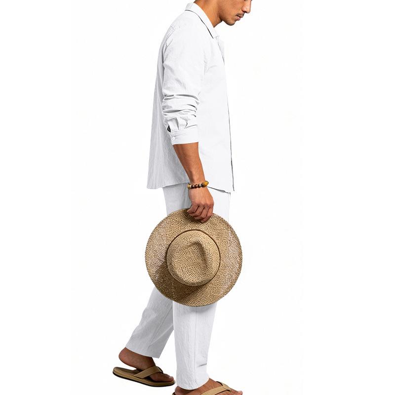 2026 European Men's Casual Loose Linen Lapel Shirt & Long Pants Set - Breathable Cotton Blend