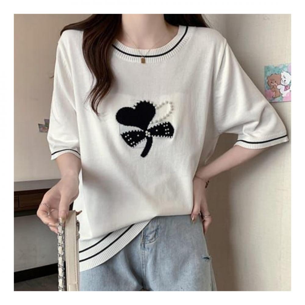 Navava Loose Fit Color Block Bead Thin Short Sleeve Knit Nk2037