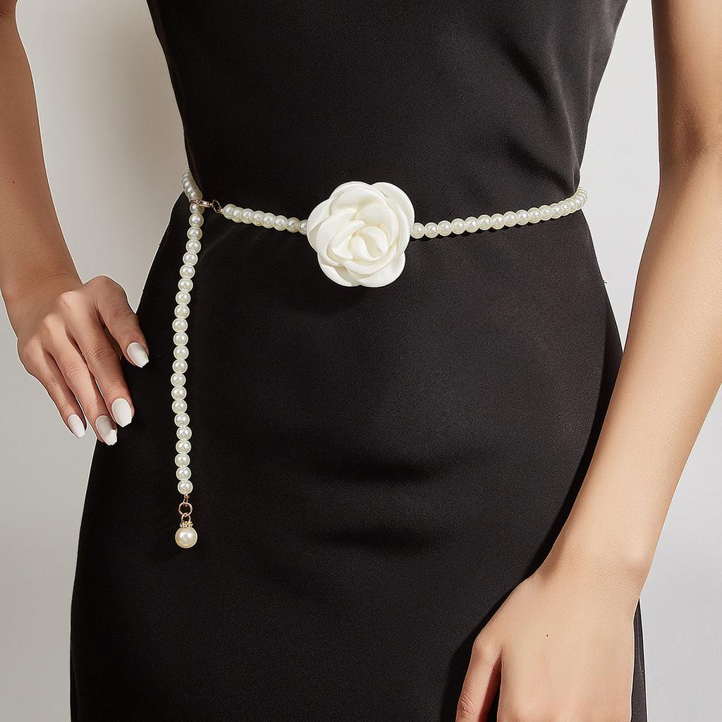 Elegant Pearl Simulated And Rose Decoration Women Casual Waist Chain Daily For