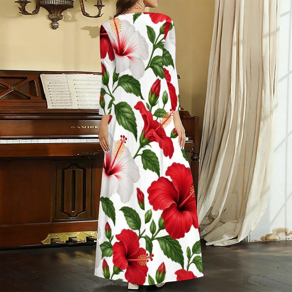Women Plus Size V Neck Three Quarter Sleeve Floral Printed Long Maxi Dress