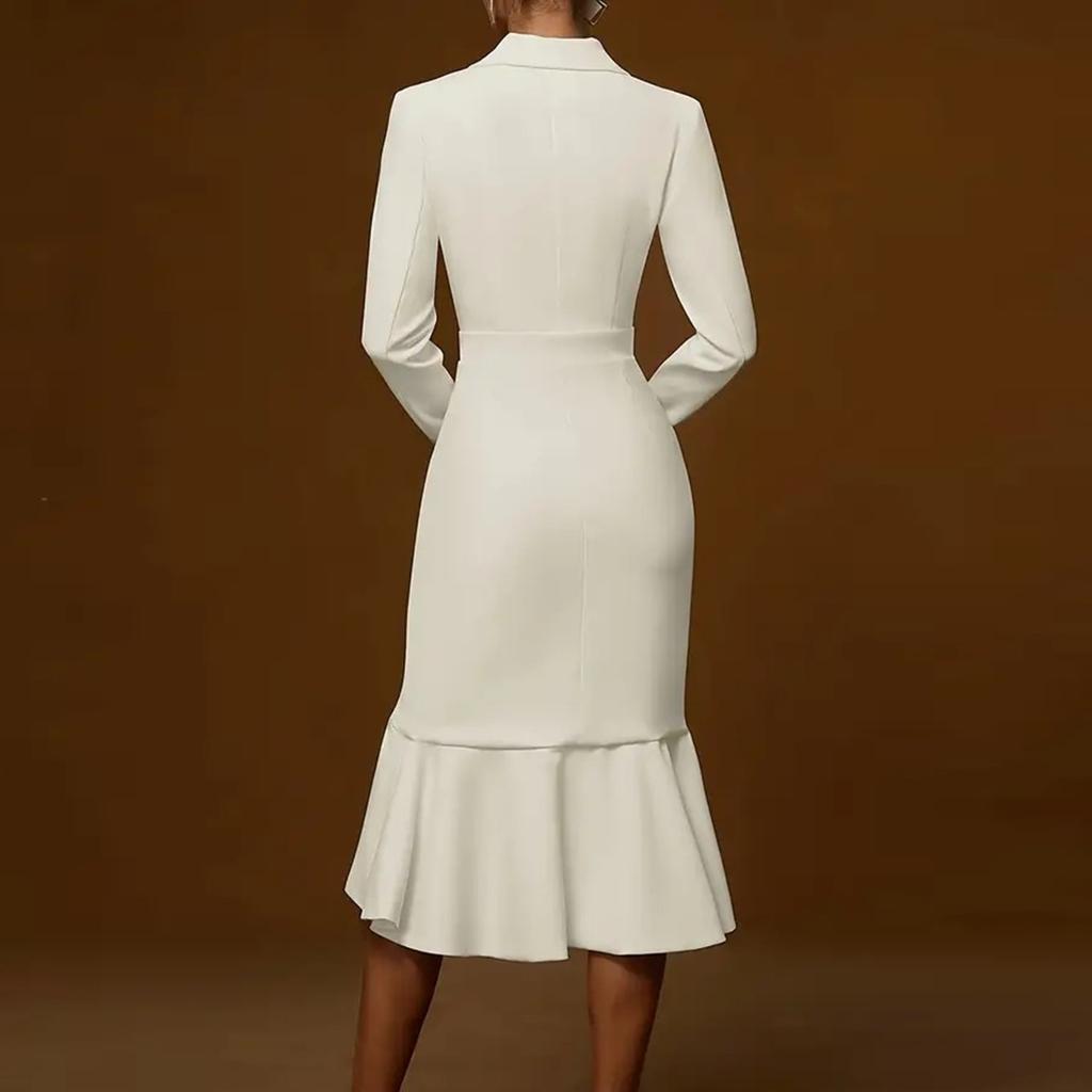 Damen Modische Eleganz Einfarbig Langärmlig Anzugkragen Taillenbetonend Slim-Fit Bodycon Meerjungfrauenkleid