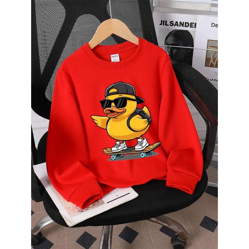 European sizes Crewneck Sweatshirt for Kids Featuring a Skateboard Duck Design, Suitable for Urban Style.Perfect for Both Sports And Casual Wear.