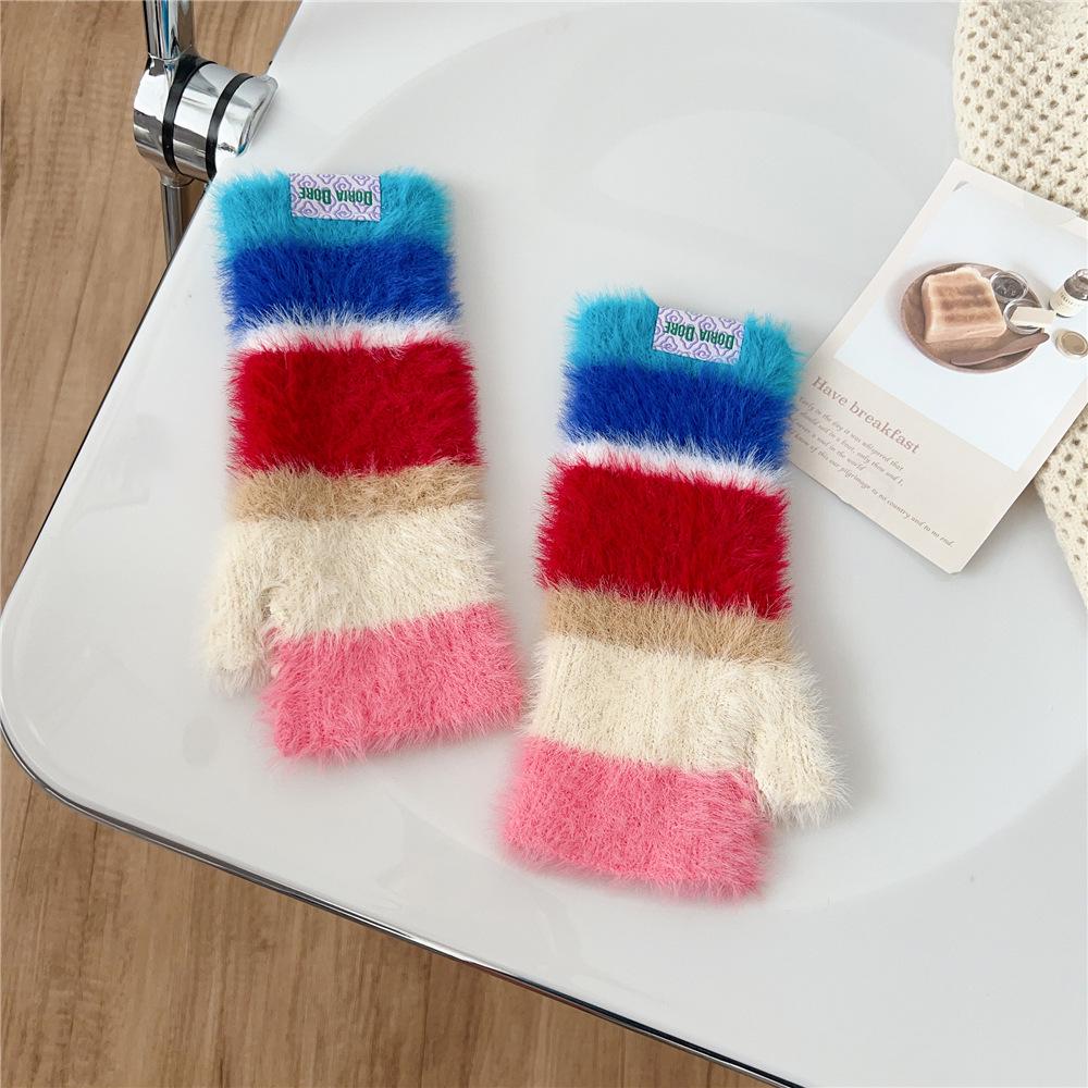 Women's Colorful Striped Wool & Velvet Fingerless Typing Gloves - Warm, Wrist Protective, Ideal for Students & Outdoor Activities