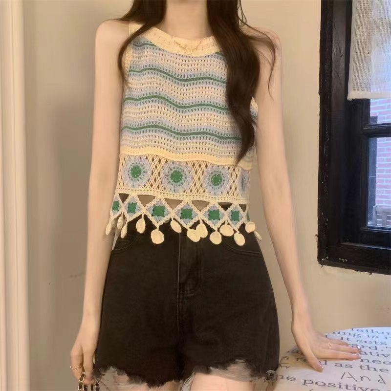 Retro Ethnic Embroidered Crochet Tassel Camisole One size fits 40-55 kg