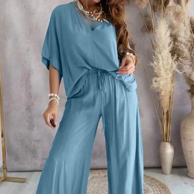 2Pcs/Set Women Summer V-neck Batwing Half Sleeve Tops High Waist Elastic Waistband Wide