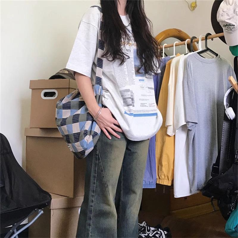 Dámské americké retro volné nadměrné ležérní tričko s krátkým rukávem z čisté bavlny