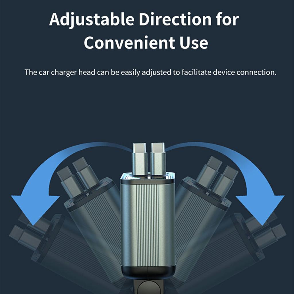 Încărcător auto GC08A, adaptor de încărcare rapidă cu afișaj de tensiune și lumină ambientală, cu cabluri retractabile duale de tip C