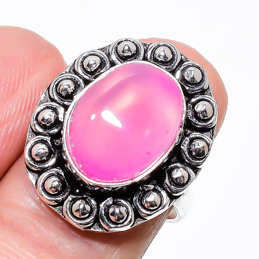 Pink Chalcedony Gemstone Handmade 925 Sterling Silver Jewelry Ring Size 6.5 KJ-301