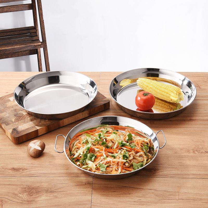 Edelstahl-Lebensmittelaufbewahrungstablett mit Griff, rund, flach, Servierplatten, Salat, Snacks, Obstgerichte, Küchenorganisatoren