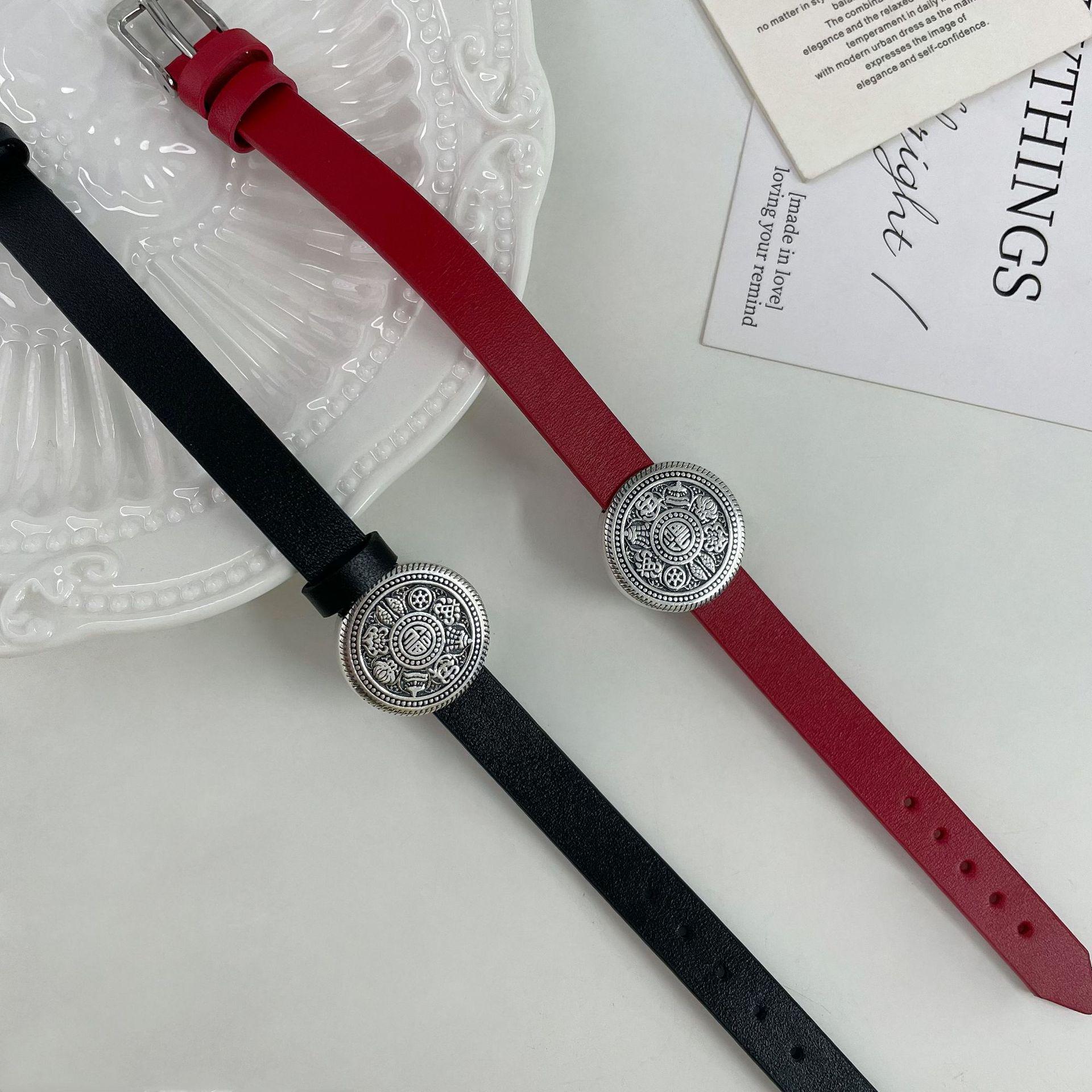 

S925 Sterling Silver Women s Luxury Leather Bracelet with Fu Character, Eight Treasures, and Compass Design - Exquisite Gift червоний