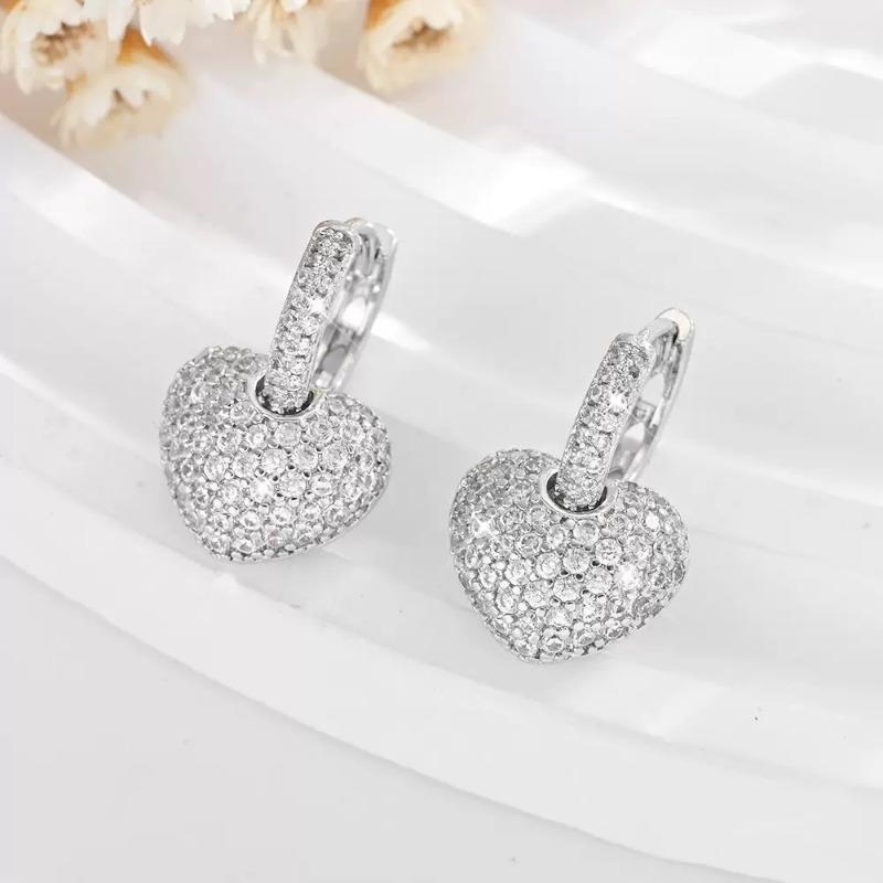 Silver Needle Three-dimensional Heart-shaped Hollow Diamond-encrusted Elegant Earrings with Heart-shaped Double-sided Ear Clasps Trendy Style