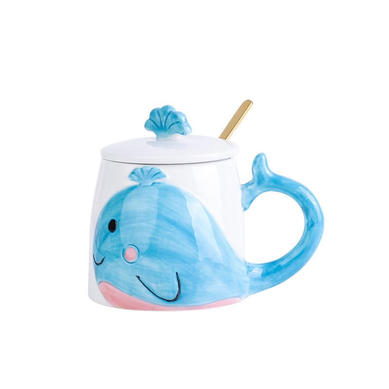 

Creative Hand-Painted Whale Coffee Mug Cute Whale Novelty Gift Present Cup With Lid Spoon for Christmas Thanksgiving Festival 301-400ml синий