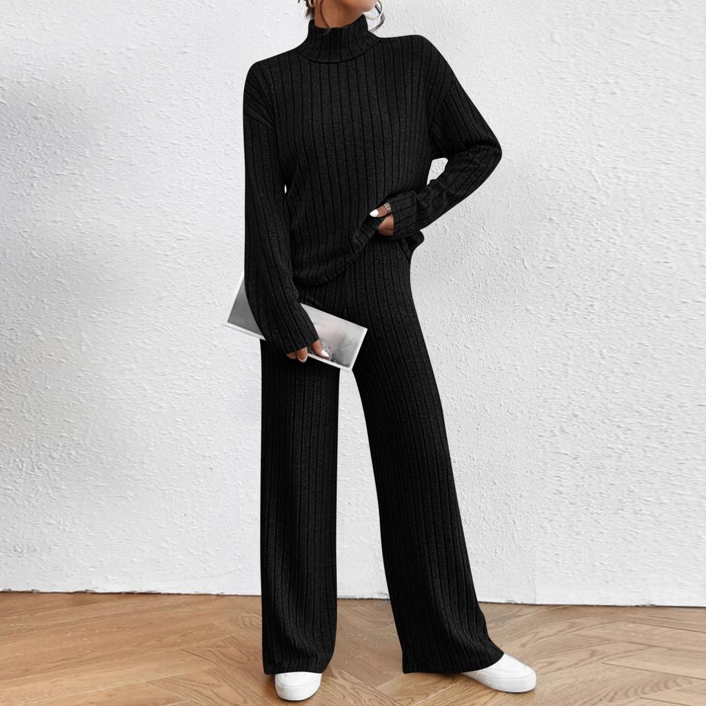 Women's Fashion Solid Color High Collar Long Sleeve Top Elastic Waist Casual Pants Two Piece Set