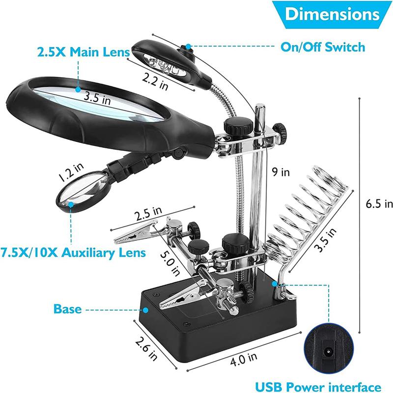 Desk Magnifier LED Light Soldering Iron Stand Clamp Clip Helping Hand Magnifying Circuit Board
