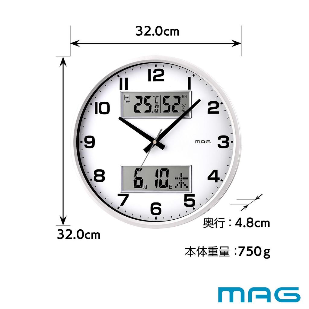 MAG Wall Clock Analog Double Post Quiet Continuous Second Hand Temperature Humidity Date Day of the Week Display White Diameter 32cm W-766WH-Z