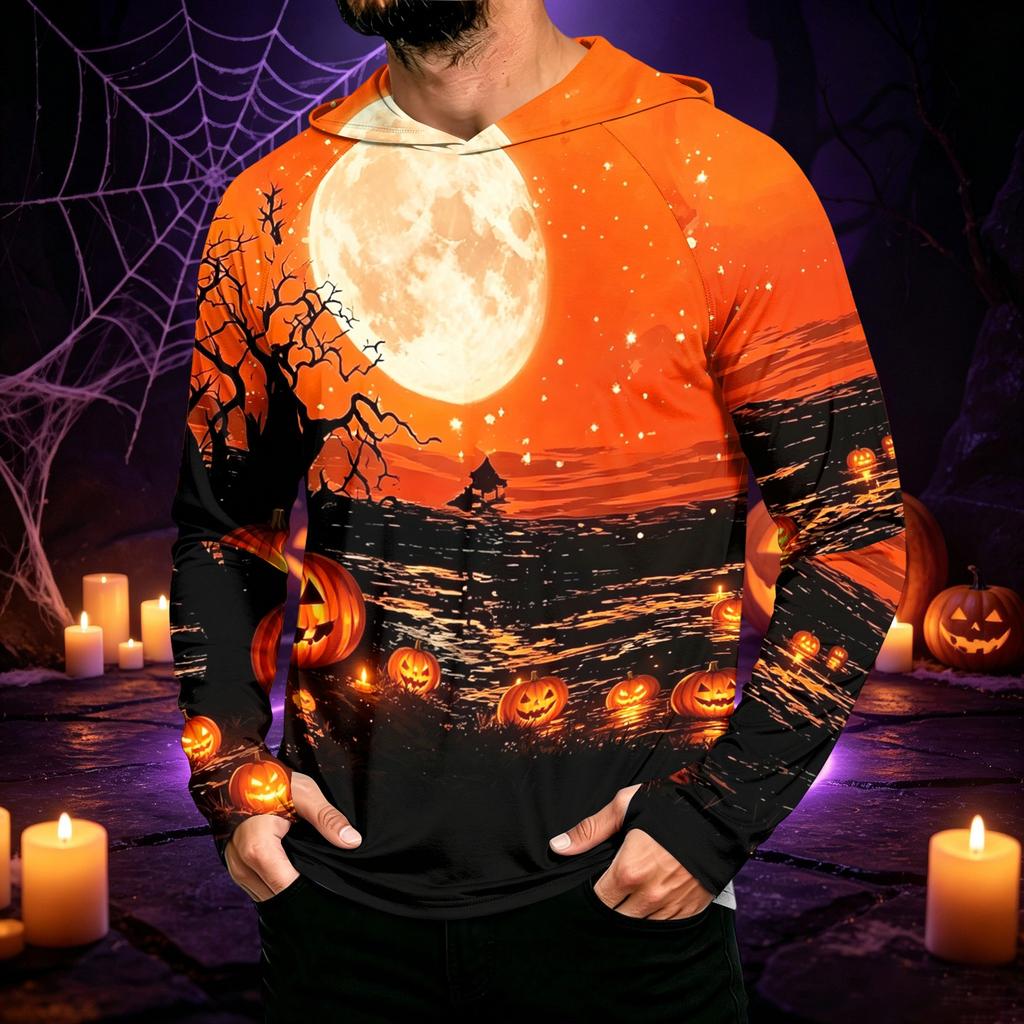Men's Long Sleeve Hooded Sun Shirt with Halloween Print