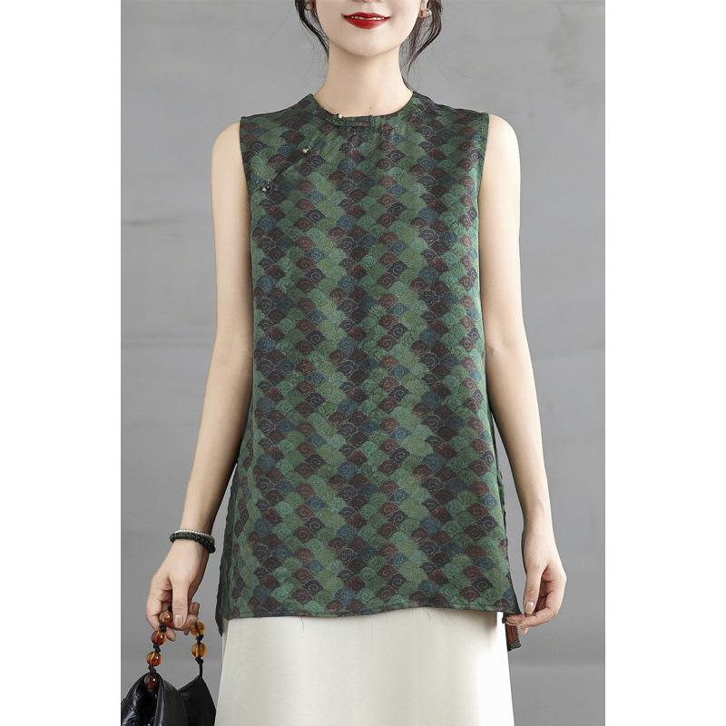 3748 New Chinese Style Green Sleeveless Women s Mid-Length Summer Qipao Vest with Frog Buttons XL